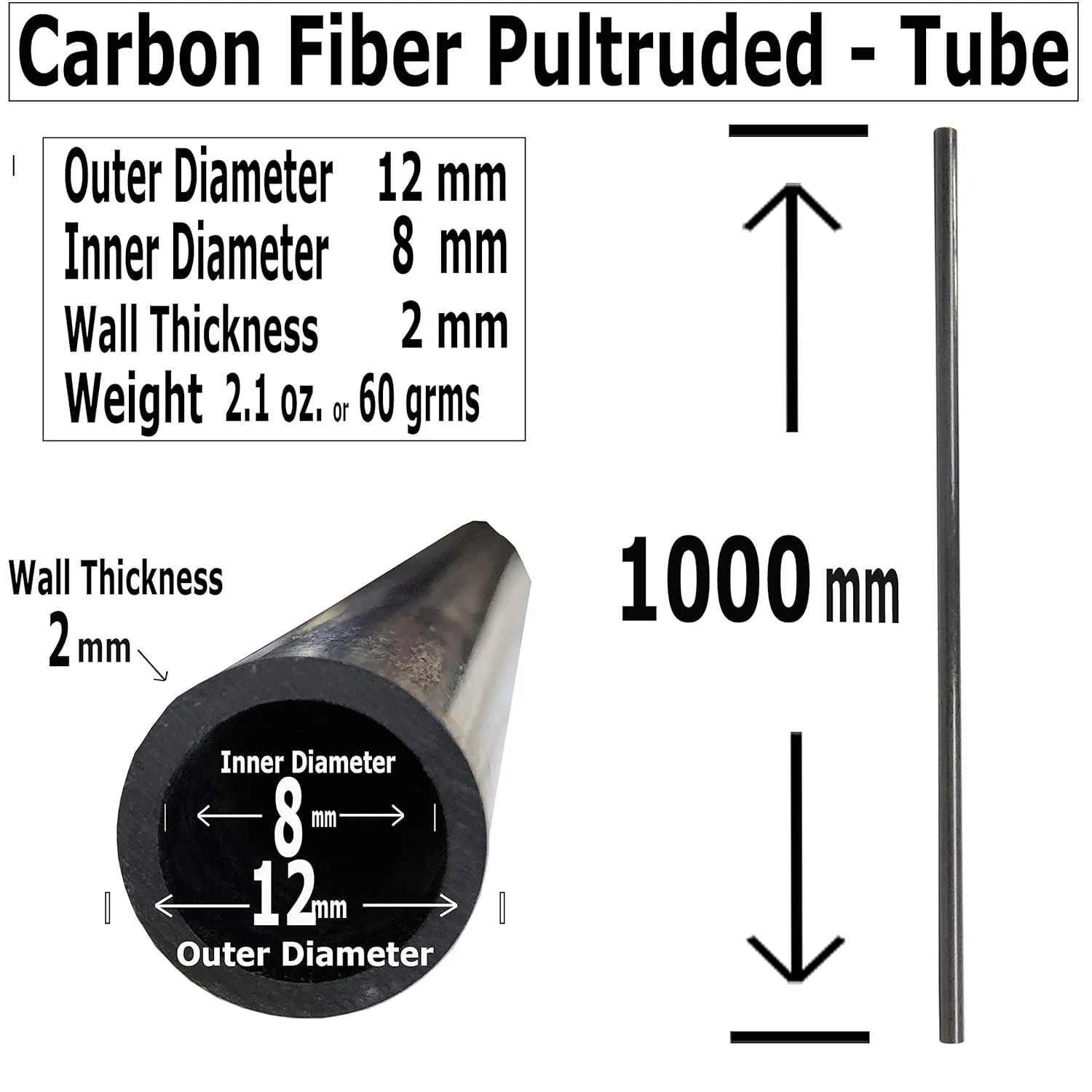 – Carbon Fiber Tube - 12mm X 8mm x 1000mm – Pultruded Round Hollow Carbon Fiber rods Black Matte Finish - Pure Carbon Fibre Hollow Tube shafts - for RC Planes-Drones, Boat DIY Craft Projects