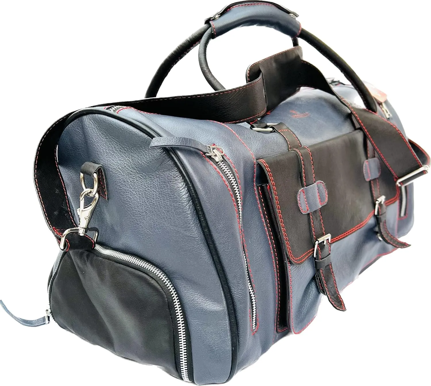 100% Leather Duffel Bags- Travel Overnight Weekend Gym (Dark Grey/Black, 21 x 11 x11)