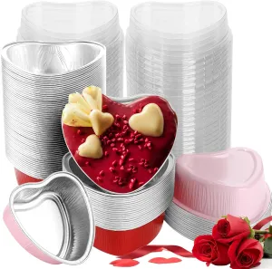 100 Pcs Heart Shaped Cake Pans with Lids Mini Aluminum Foil Heart Cupcake Baking Tins 3.4 Oz Disposable Heart Shaped Containers for Valentine's Day, Mother's Day, Wedding (Red, Pink)