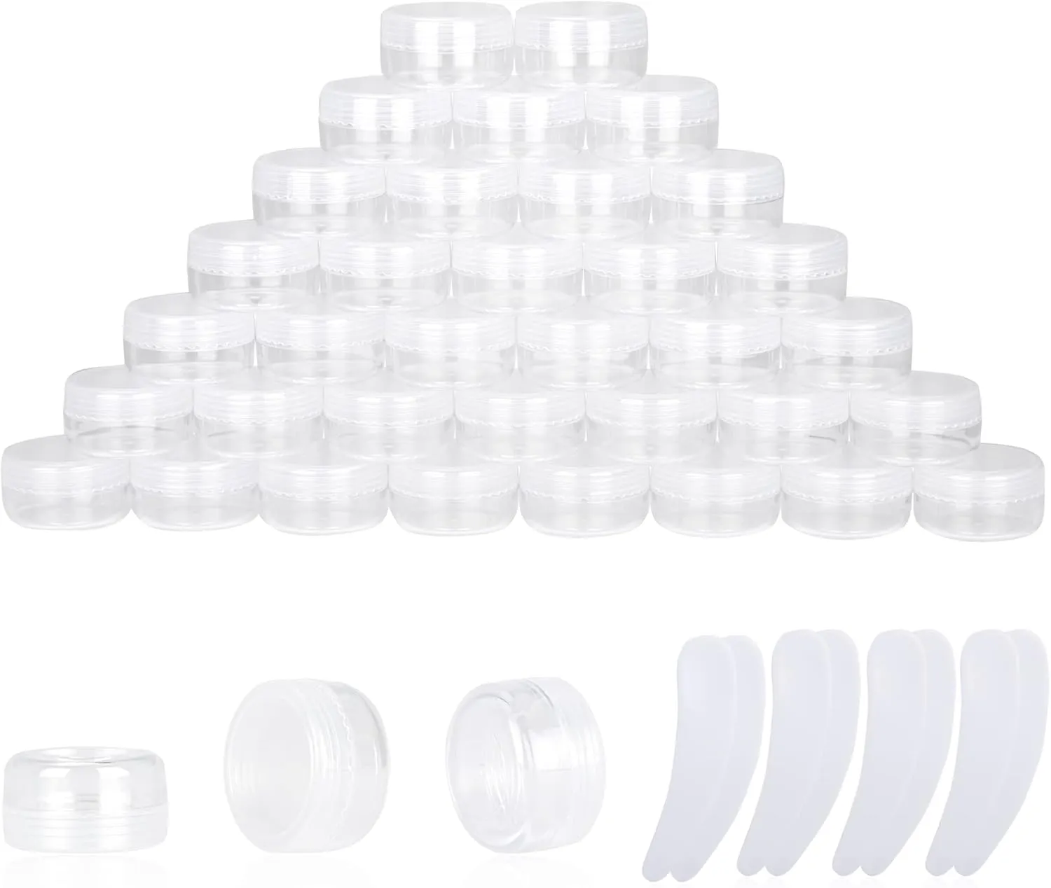 100PCS 10 Gram Sample Containers, 10ml Empty Jars with Lids, Small Cosmetic Containers, Mini Sample Jars with 8PCS Mini Spatulas for Make Up, Oils, Lotion, Powder, Paint, Jewelry, Lip Balms(Clear Lid)