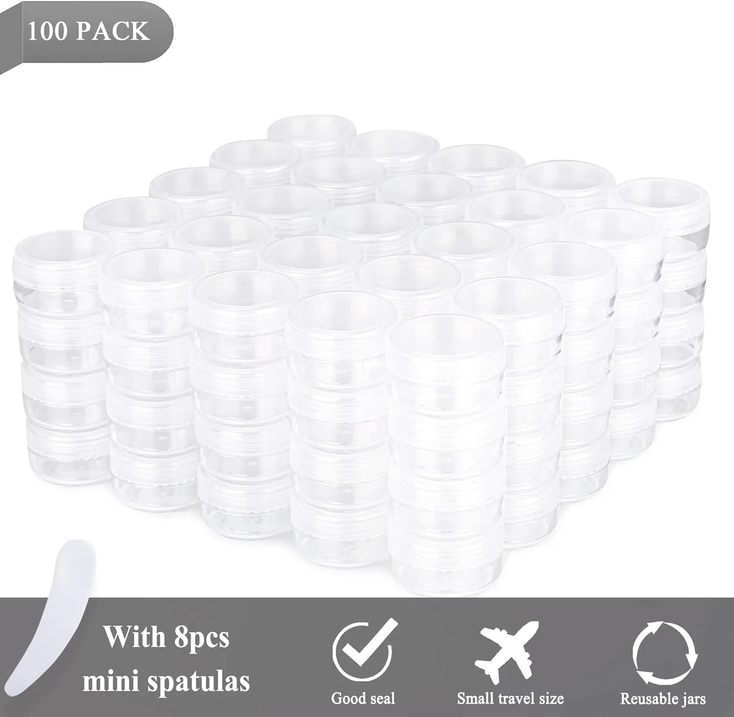100PCS 10 Gram Sample Containers, 10ml Empty Jars with Lids, Small Cosmetic Containers, Mini Sample Jars with 8PCS Mini Spatulas for Make Up, Oils, Lotion, Powder, Paint, Jewelry, Lip Balms(Clear Lid)