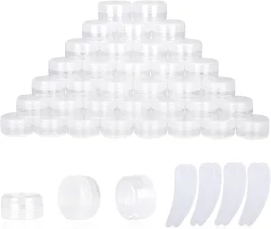 100PCS 10 Gram Sample Containers, 10ml Empty Jars with Lids, Small Cosmetic Containers, Mini Sample Jars with 8PCS Mini Spatulas for Make Up, Oils, Lotion, Powder, Paint, Jewelry, Lip Balms(Clear Lid)
