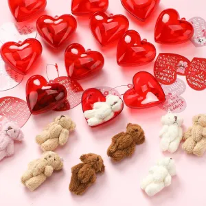 12 Sets Valentine's Day Mini Plush Bears with Prefilled Hearts and Cards Valentine Gifts Set Party Favors Mini Stuffed Animal for Kids Classroom Exchange Game Prizes