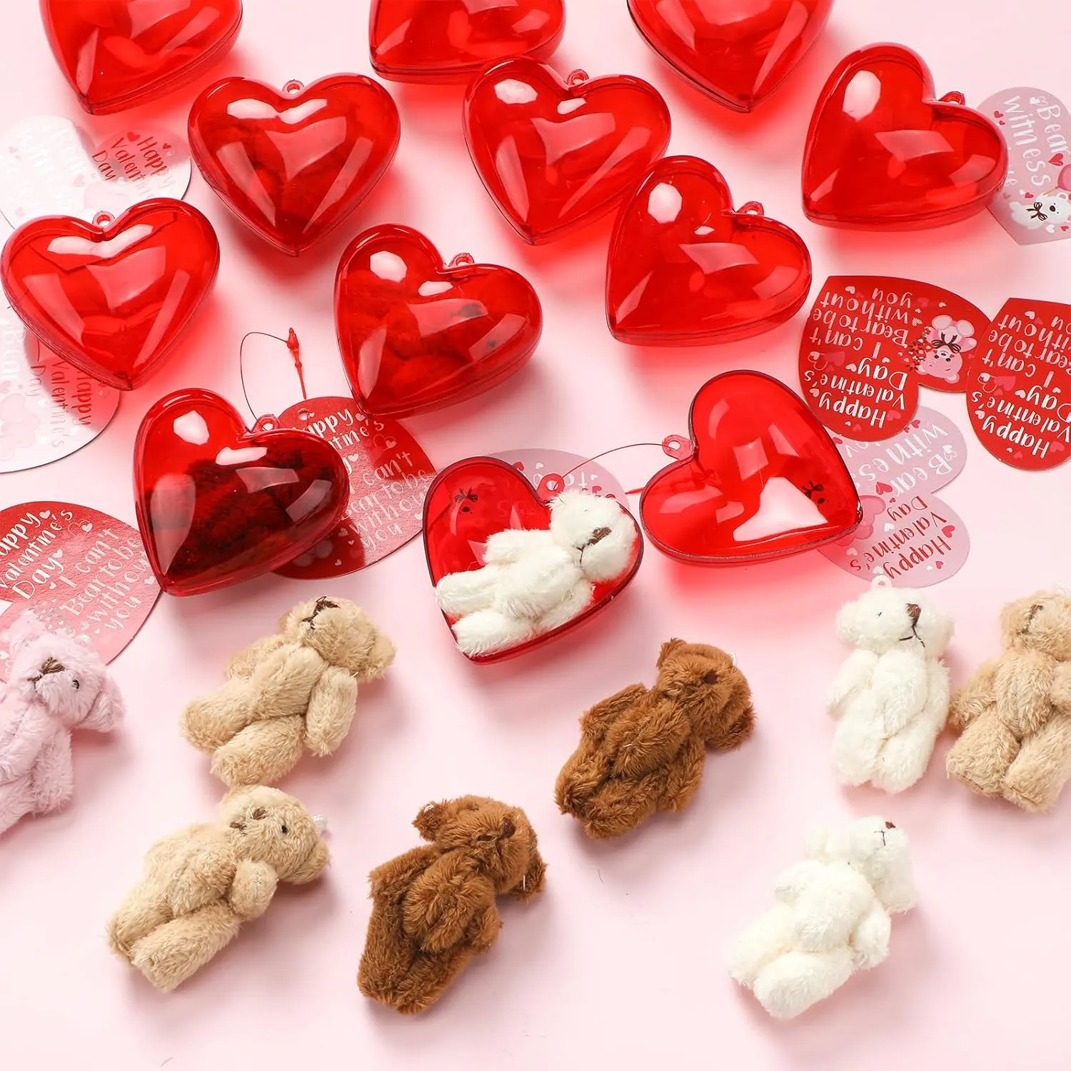 12 Sets Valentine's Day Mini Plush Bears with Prefilled Hearts and Cards Valentine Gifts Set Party Favors Mini Stuffed Animal for Kids Classroom Exchange Game Prizes