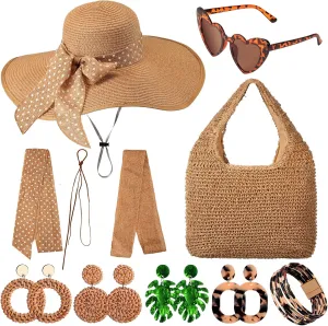 15 Pcs Women Straw Beach Hat and Straw Bag and Boho Hoop Drop Dangle Earrings Summer Sunglasses for Bohemia Women Beach Jewelry Sets