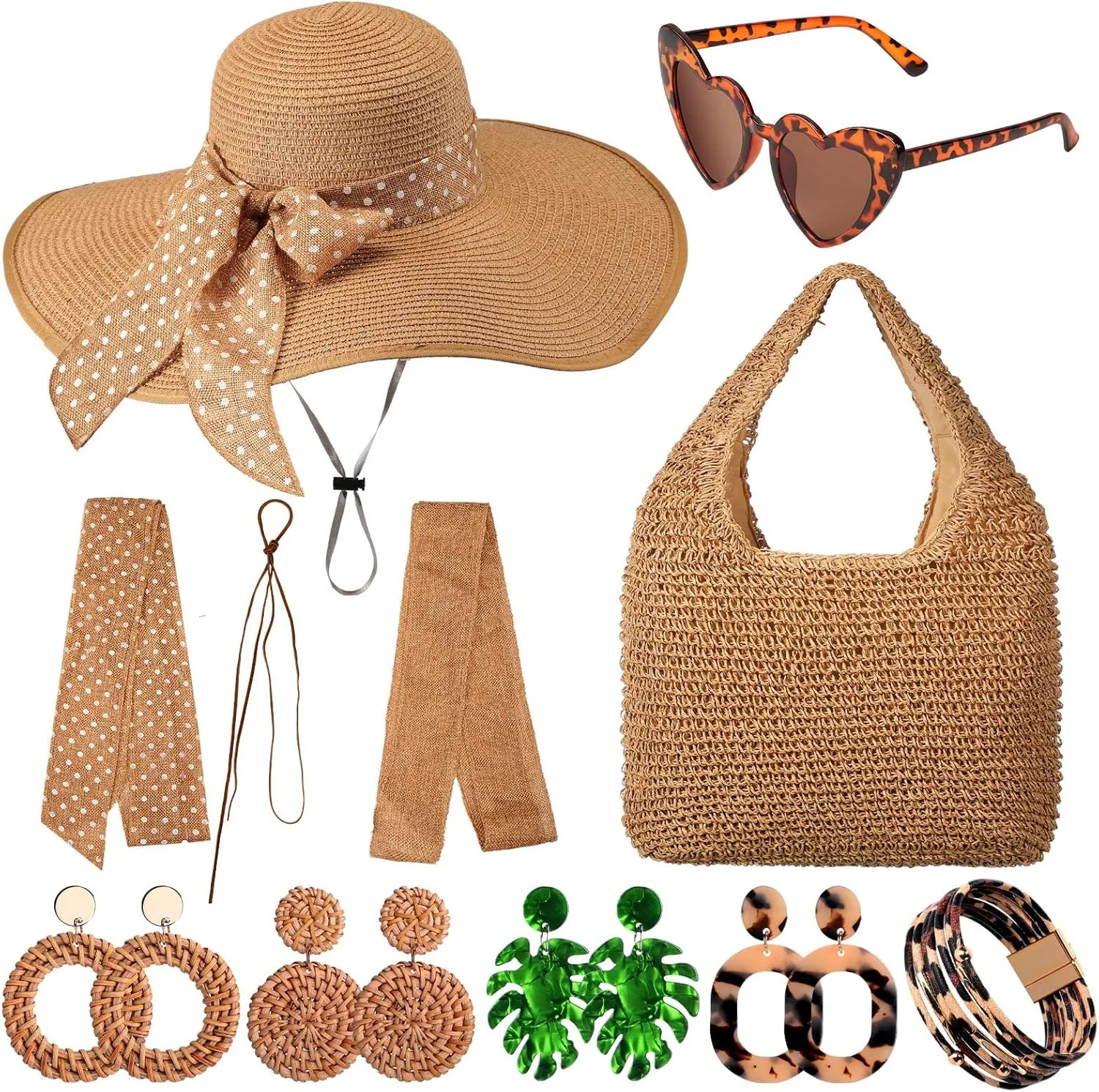 15 Pcs Women Straw Beach Hat and Straw Bag and Boho Hoop Drop Dangle Earrings Summer Sunglasses for Bohemia Women Beach Jewelry Sets