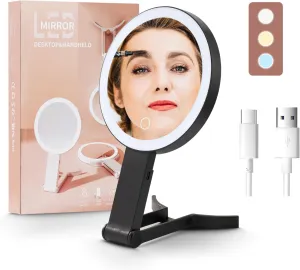 1x10 Mag Makeup Mirror, Double-Sided, Rech Three in One, Hanging/Desk/Handheld with 3-Color LED Light