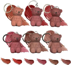 2 in 1 Key Chain Bear Lipstick, Keychain Bear Lipsticks, Mist Matte Velvet Lipstick, Bear Mirror Lipstick, Cute Bear Beauty Makeup, Waterproof Long Lasting Bear Lip Gloss (A-6 Colors)