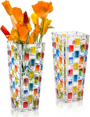 2 Pack Hand Painted Glass Vases, 7.7 Inch Tall Colorful Woven Crystal Vase, Unique Stained Flower Vases for Floral Arrangements Centerpieces Home Office Decor, Wedding Housewarming Gift