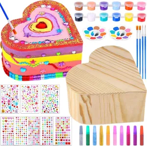 2 Pack Paint Your Own Wooden Jewelry Box DIY Crafts Kits Treasure Box Craft Kit Arts and Crafts for Kids Ages 3-12 Creative Activity Toys Birthday Gifts Valentines Mother's Day Party Favors (Heart)