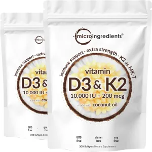 2 Pack Vitamin D3 10000 iu Plus K2 (MK-7) 200 mcg, 300 Virgin Coconut Oil Softgels | 2 in 1 Vitamins D & K Complex | Supports Calcium Absorption, Bone, Immune, & Heart Health – Easy to Swallow