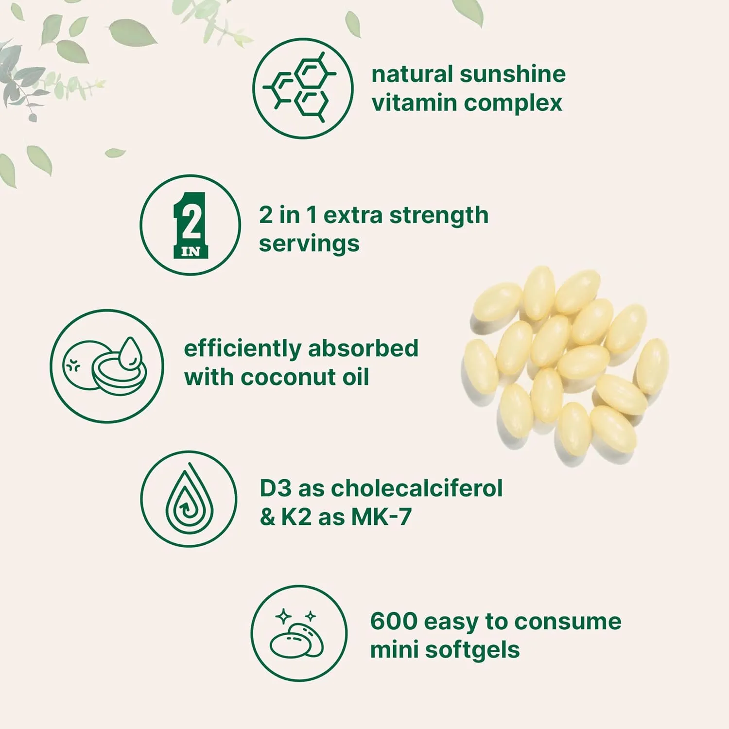 2 Pack Vitamin D3 10000 iu Plus K2 (MK-7) 200 mcg, 300 Virgin Coconut Oil Softgels | 2 in 1 Vitamins D & K Complex | Supports Calcium Absorption, Bone, Immune, & Heart Health – Easy to Swallow