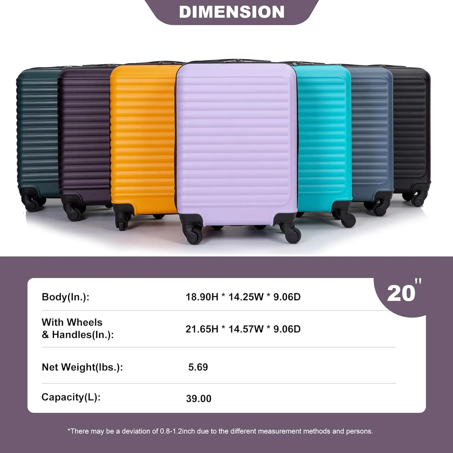 20-inch Lightweight Hardside Luggage, Carry-On 100% ABS Durable Suitcase with Spinner Wheels&Non-Woven Bag, Travel Suitcase with TSA Lock for Men and Women, Purple