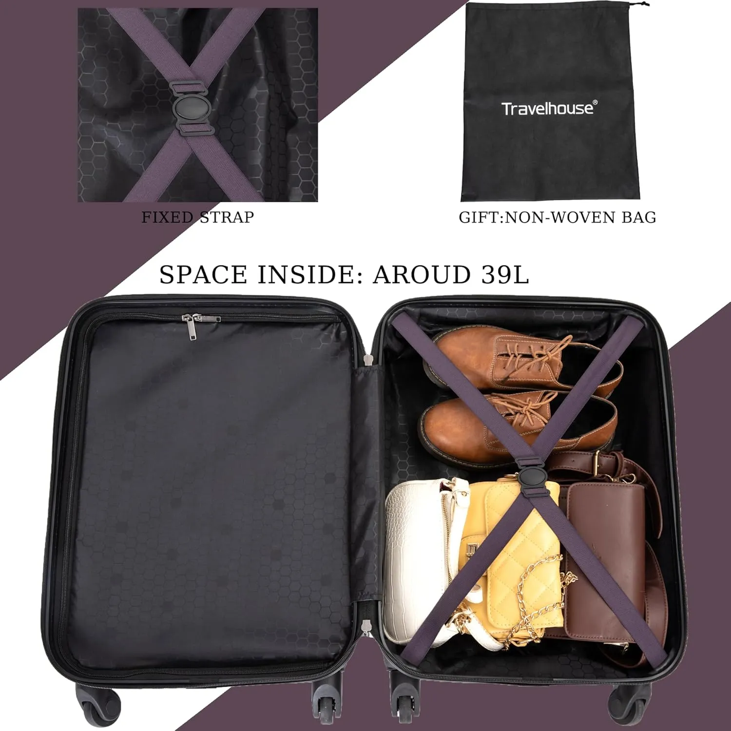 20-inch Lightweight Hardside Luggage, Carry-On 100% ABS Durable Suitcase with Spinner Wheels&Non-Woven Bag, Travel Suitcase with TSA Lock for Men and Women, Purple