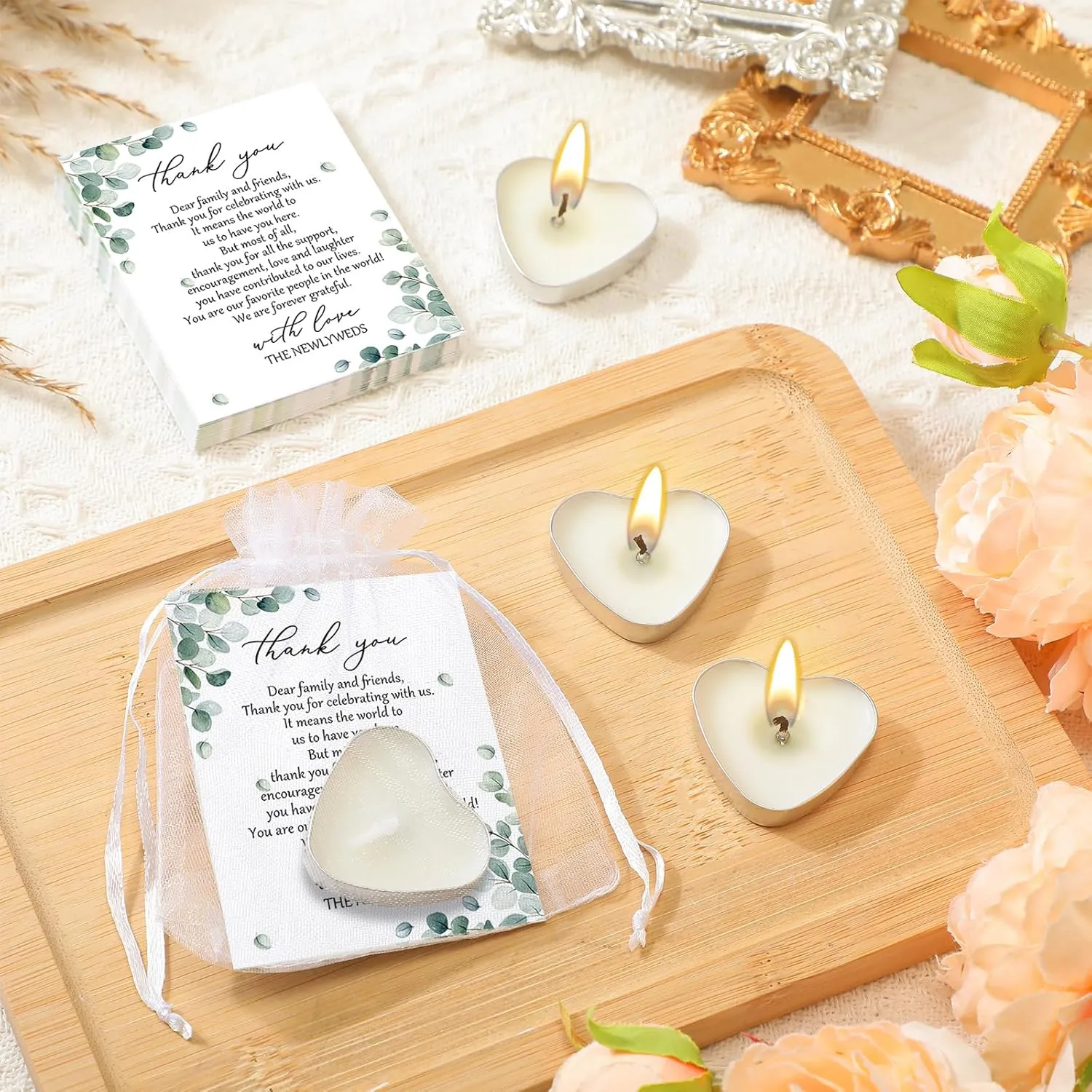 200 Sets Wedding Gifts for Guests Heart Shaped Candles Mini Candles Wedding Candle Gifts for Guests Thank You Cards and Organza Bags for Bridal Shower Party Favors
