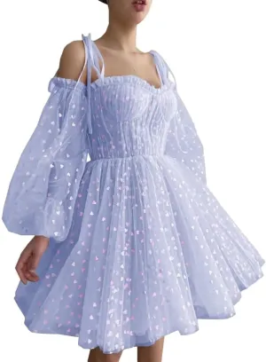 2025 Heart Short Tulle Homecoming Dresses for Teens Puffy Sleeve Mini Spaghetti Straps Formal Evening Party Gowns