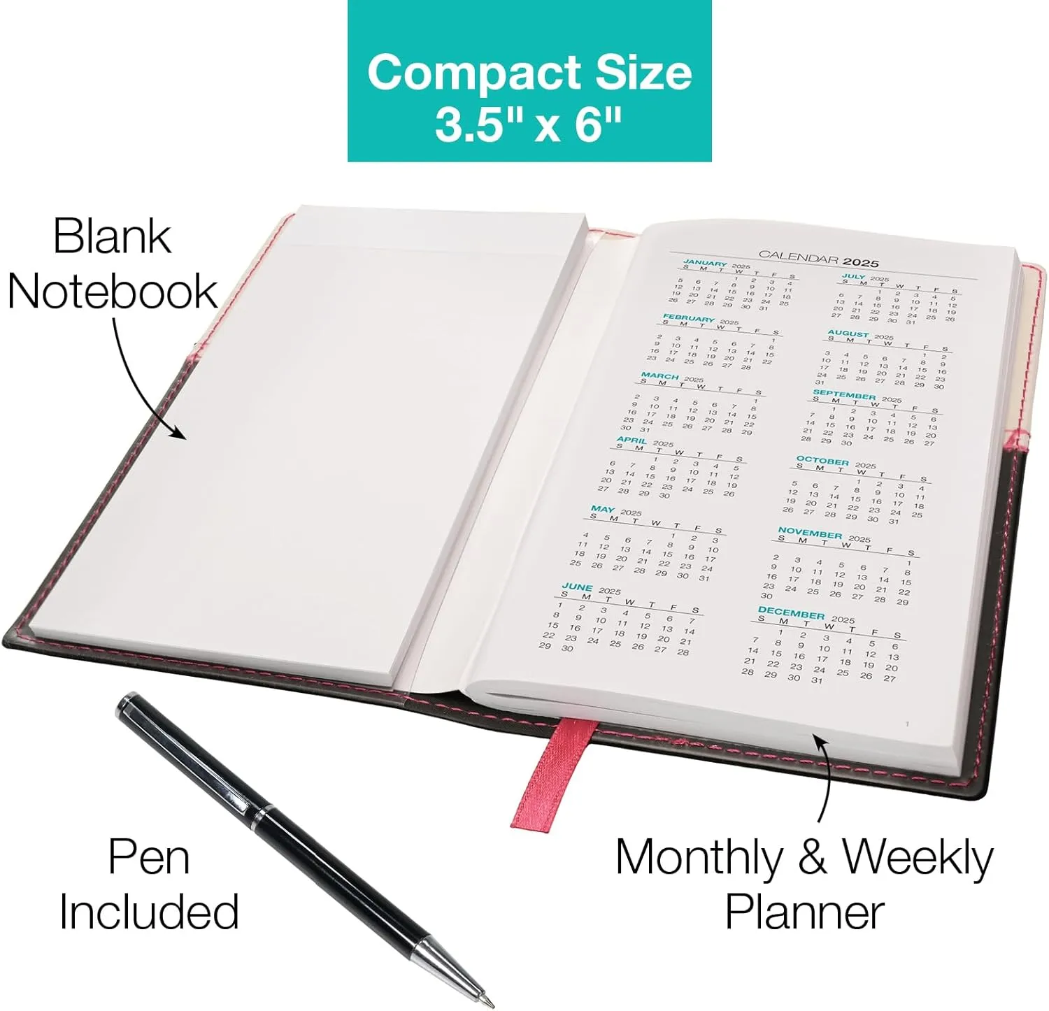 2025 Pocket Planner/Pocket Calendar and Pen, 3.5"x6": Includes 14 Months (November 2024 - December 2025) / 2025 Weekly Planner/Weekly Agenda/Monthly Calendar Organizer (Pink/Black)