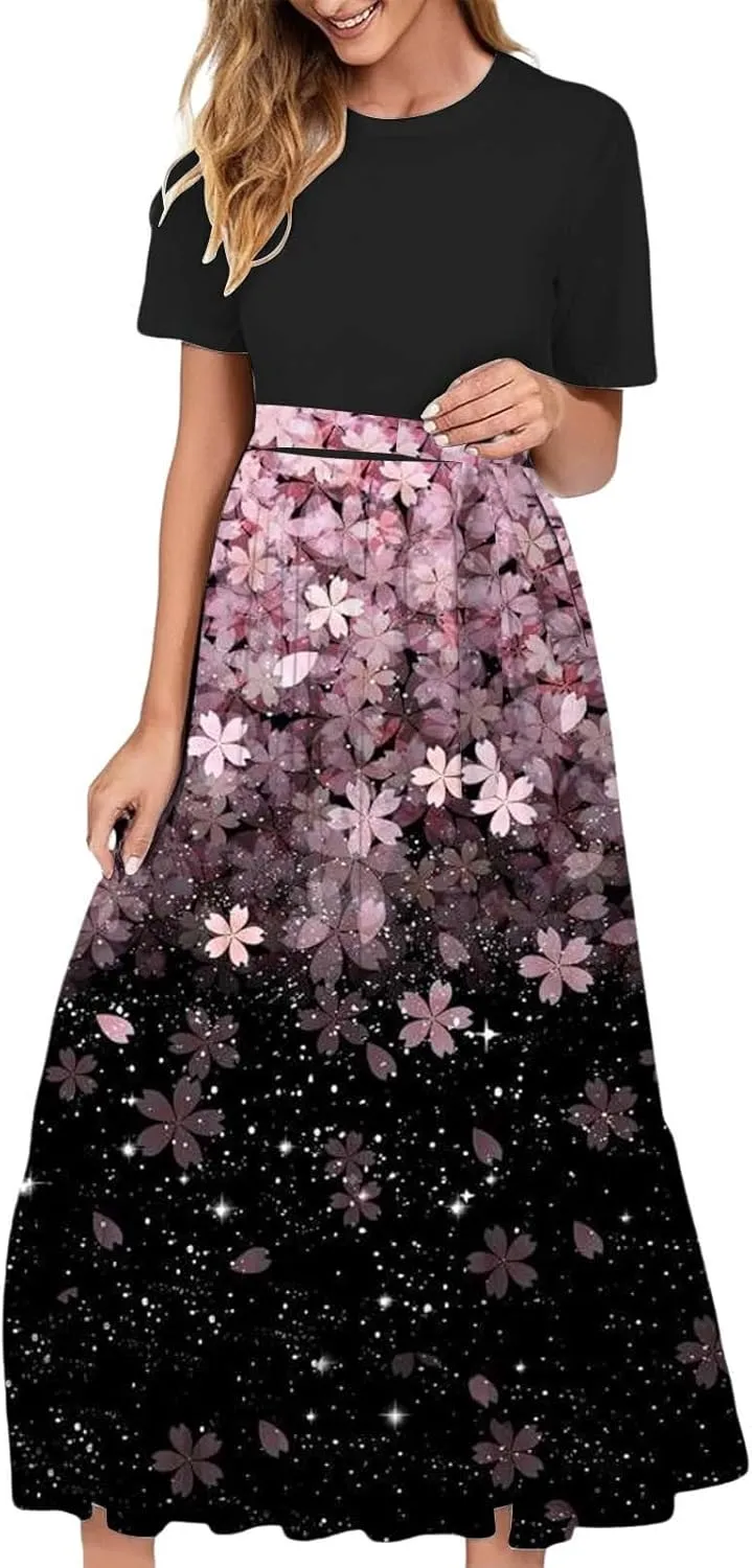 2025 Summer Maxi Dresses for Women Short Sleeve Floral Maxi Dress Trendy High Waist Long Dresses Business Work Dress