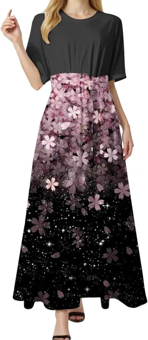 2025 Summer Maxi Dresses for Women Short Sleeve Floral Maxi Dress Trendy High Waist Long Dresses Business Work Dress