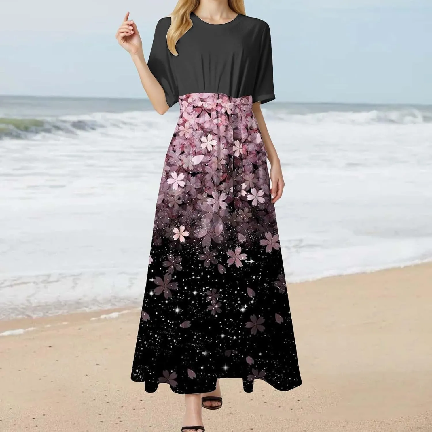 2025 Summer Maxi Dresses for Women Short Sleeve Floral Maxi Dress Trendy High Waist Long Dresses Business Work Dress
