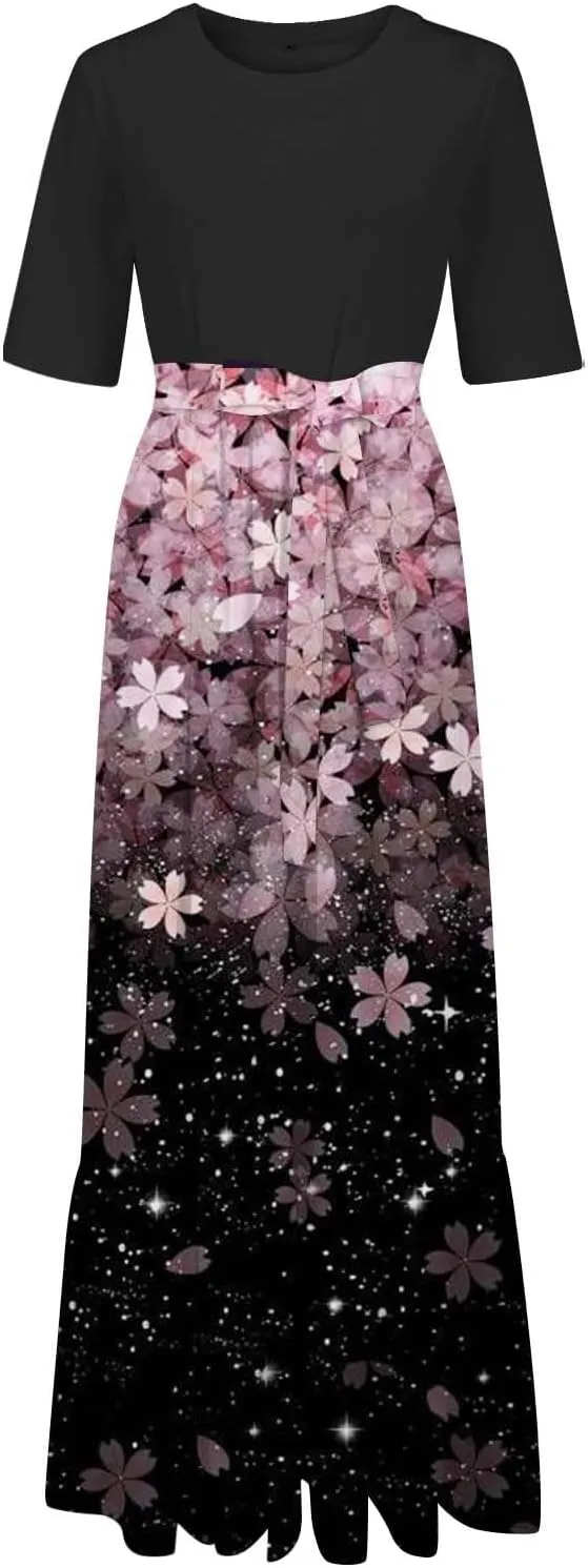 2025 Summer Maxi Dresses for Women Short Sleeve Floral Maxi Dress Trendy High Waist Long Dresses Business Work Dress