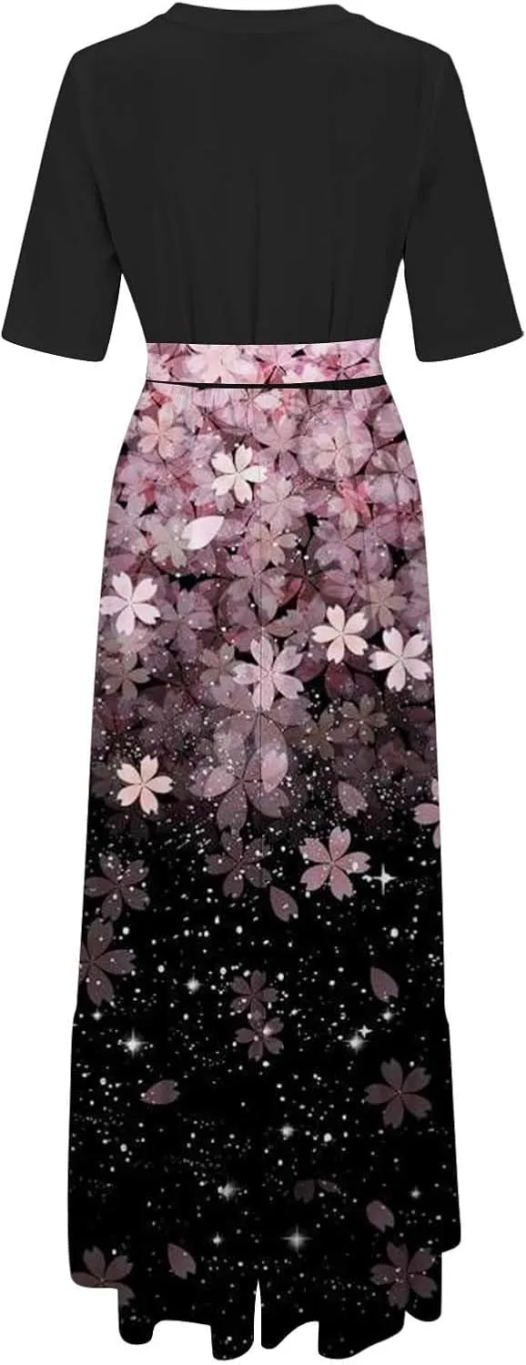 2025 Summer Maxi Dresses for Women Short Sleeve Floral Maxi Dress Trendy High Waist Long Dresses Business Work Dress