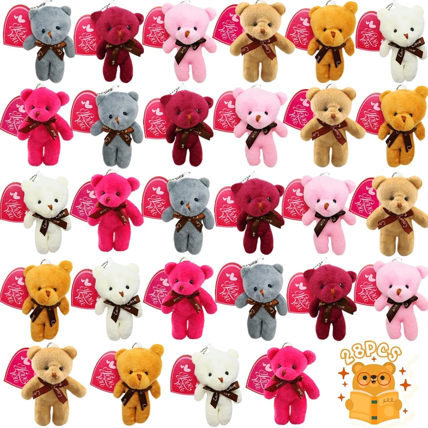 28Packs Heart Gift Cards with Mini Stuffed Teddy Bear Set, Small Animal Plush Toys Key Chains in Bulk Bears Goodie Bag Fillers for Kids School Classroom Gift,Easter eggs Hunt & Exchange Game Prizes