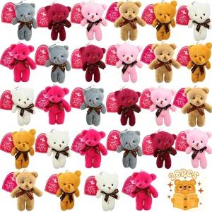 28Packs Heart Gift Cards with Mini Stuffed Teddy Bear Set, Small Animal Plush Toys Key Chains in Bulk Bears Goodie Bag Fillers for Kids School Classroom Gift,Easter eggs Hunt & Exchange Game Prizes