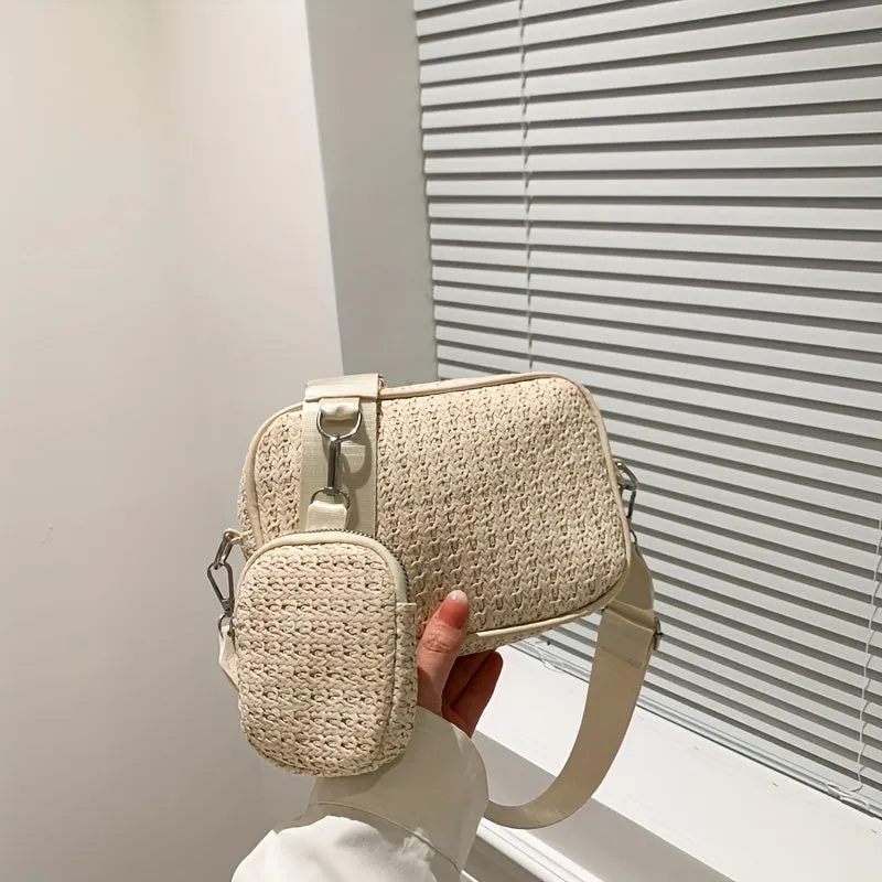 2Pcs Straw Woven Bag Set, Braided Crossbody Bag With Coin Purses, Boho Style Summer Beach Bag