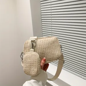 2Pcs Straw Woven Bag Set, Braided Crossbody Bag With Coin Purses, Boho Style Summer Beach Bag