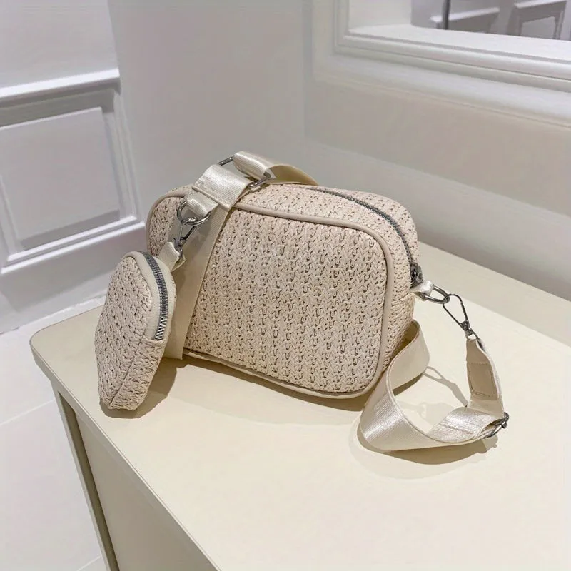 2Pcs Straw Woven Bag Set, Braided Crossbody Bag With Coin Purses, Boho Style Summer Beach Bag