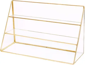 3 Layers Glass Makeup Organizer Shelves Cosmetic Storage Holder Antique Countertop Glass Beauty Display, Gold Spin Large Capacity Holder for Earrings, Ear Nails, Necklaces, Rings, Jewelry, Lipsticks