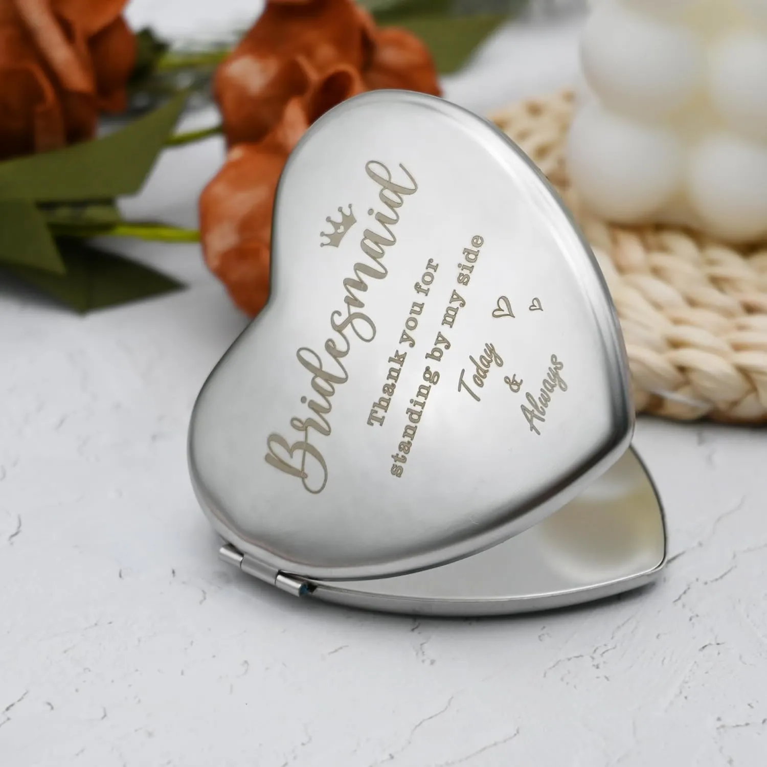 3 Pack Bridesmaid Gift Mirrors, Compact Mirror Heart Shaped, Portable Double-Sided Cosmetic Mirror, Bridesmaid Proposal Gifts, Bridal Shower Bachelorette Party Favor, Silver Metal Makeup Mirror