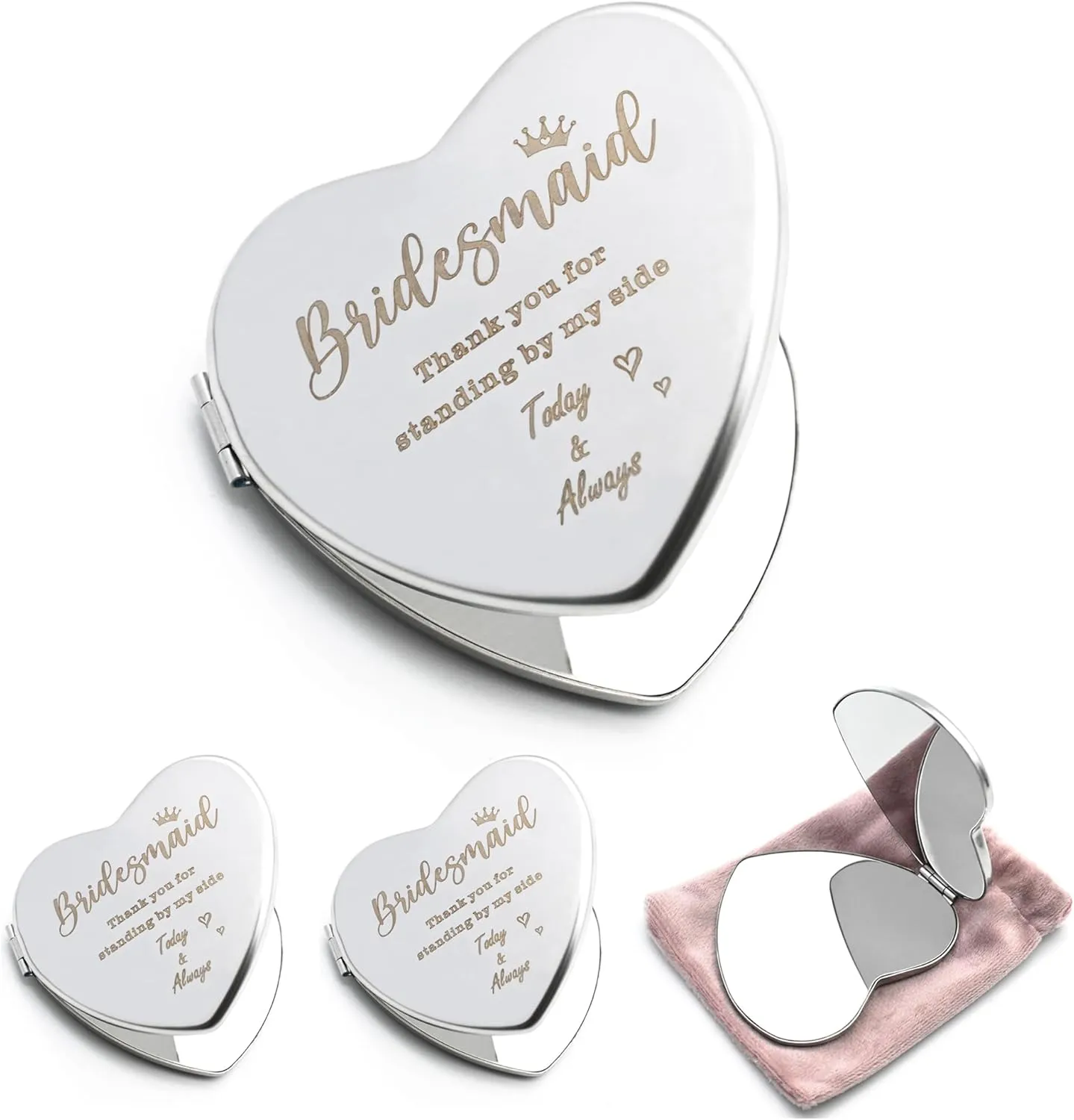 3 Pack Bridesmaid Gift Mirrors, Compact Mirror Heart Shaped, Portable Double-Sided Cosmetic Mirror, Bridesmaid Proposal Gifts, Bridal Shower Bachelorette Party Favor, Silver Metal Makeup Mirror