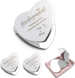 3 Pack Bridesmaid Gift Mirrors, Compact Mirror Heart Shaped, Portable Double-Sided Cosmetic Mirror, Bridesmaid Proposal Gifts, Bridal Shower Bachelorette Party Favor, Silver Metal Makeup Mirror