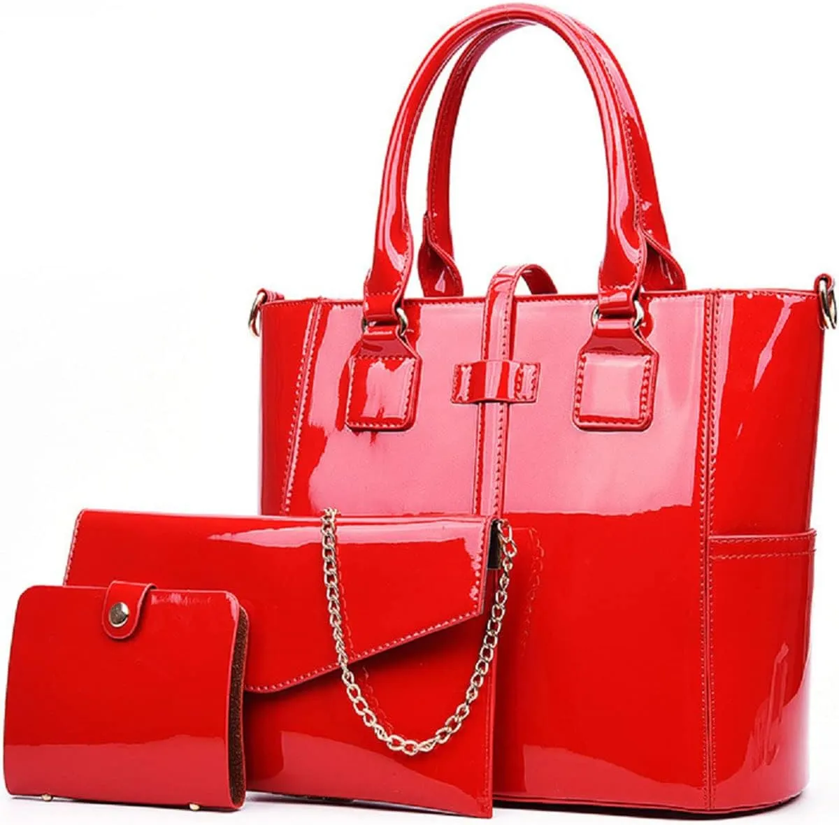 3-PC Patent Women Handbag Crossbody Bag Card Bag Shiny Faux Leather Top Handle Satchel Shoulder Tote Bag Purses