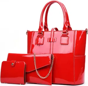 3-PC Patent Women Handbag Crossbody Bag Card Bag Shiny Faux Leather Top Handle Satchel Shoulder Tote Bag Purses