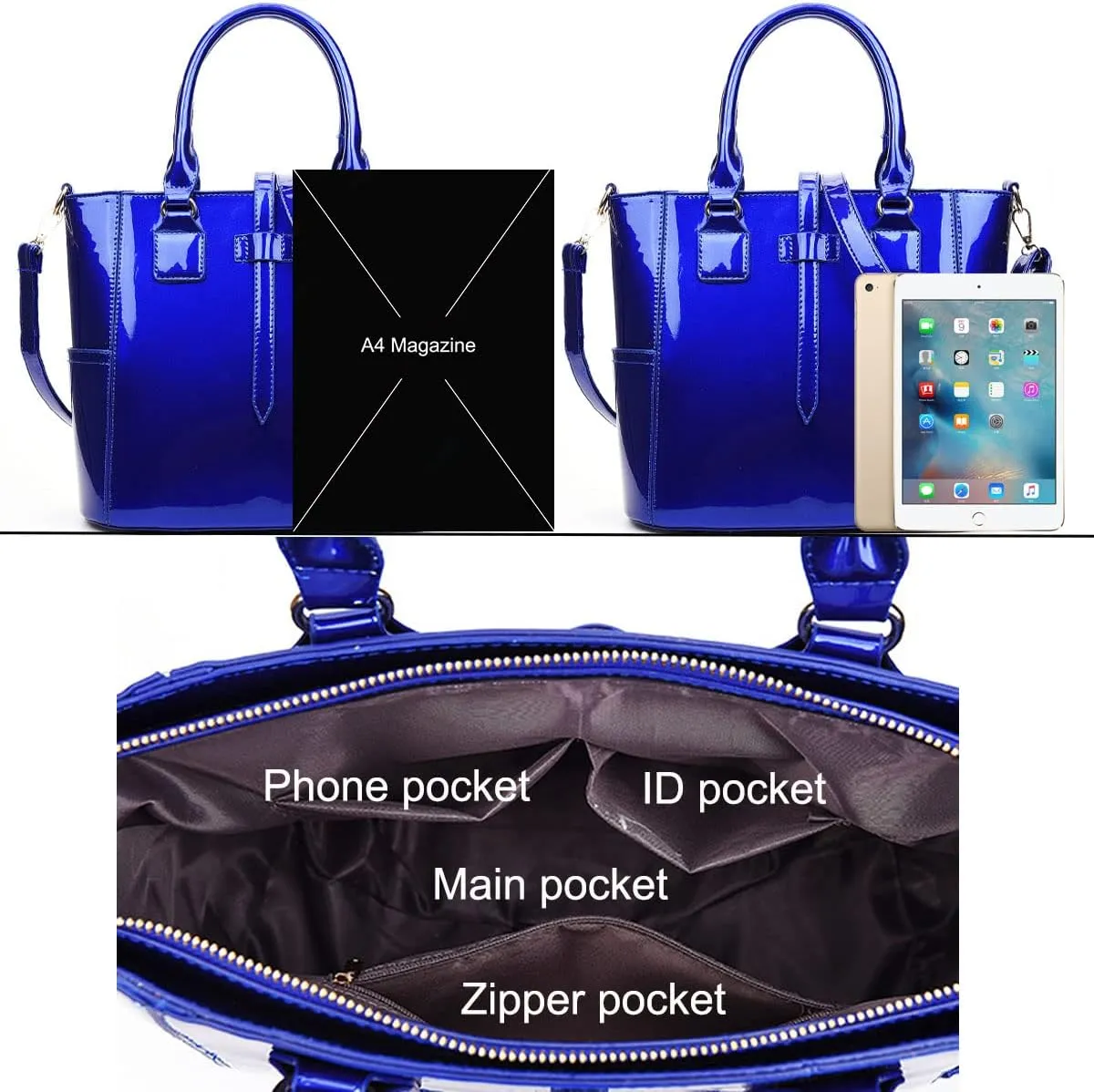 3-PC Patent Women Handbag Crossbody Bag Card Bag Shiny Faux Leather Top Handle Satchel Shoulder Tote Bag Purses