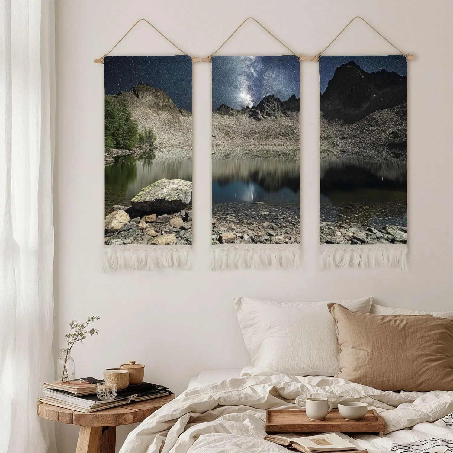 3 Pcs Boho Tapestry Wall Hanging Night sky full stars reflecting surface lake plateau kackar mountains Vertical Wall Art Long Tapestries Wallart Printing Macrame Wall Decor For Dorm Bedroom 12"x28"
