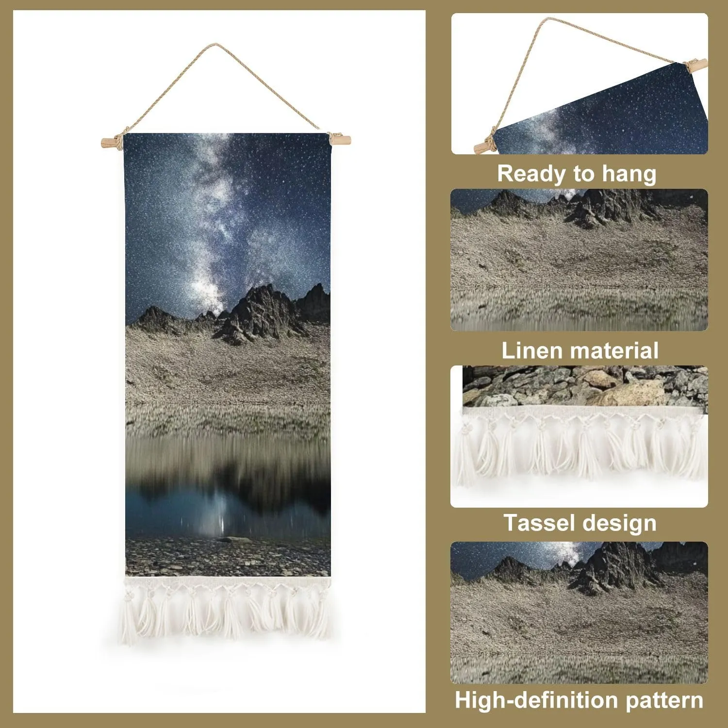 3 Pcs Boho Tapestry Wall Hanging Night sky full stars reflecting surface lake plateau kackar mountains Vertical Wall Art Long Tapestries Wallart Printing Macrame Wall Decor For Dorm Bedroom 12"x28"