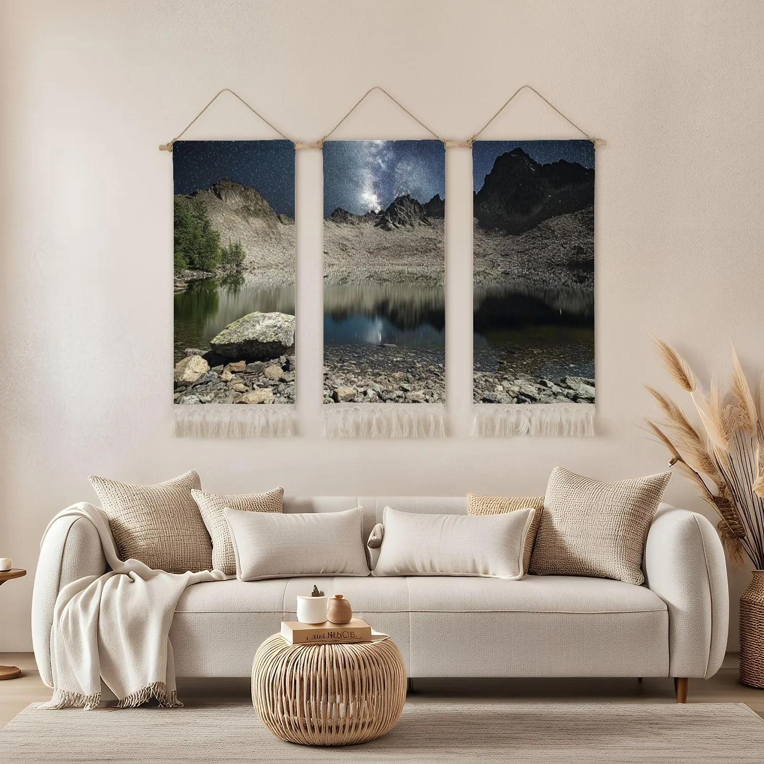 3 Pcs Boho Tapestry Wall Hanging Night sky full stars reflecting surface lake plateau kackar mountains Vertical Wall Art Long Tapestries Wallart Printing Macrame Wall Decor For Dorm Bedroom 12"x28"