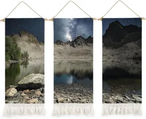 3 Pcs Boho Tapestry Wall Hanging Night sky full stars reflecting surface lake plateau kackar mountains Vertical Wall Art Long Tapestries Wallart Printing Macrame Wall Decor For Dorm Bedroom 12"x28"