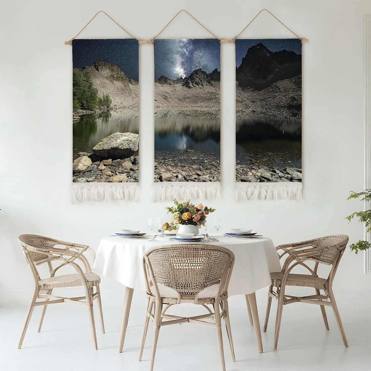 3 Pcs Boho Tapestry Wall Hanging Night sky full stars reflecting surface lake plateau kackar mountains Vertical Wall Art Long Tapestries Wallart Printing Macrame Wall Decor For Dorm Bedroom 12"x28"