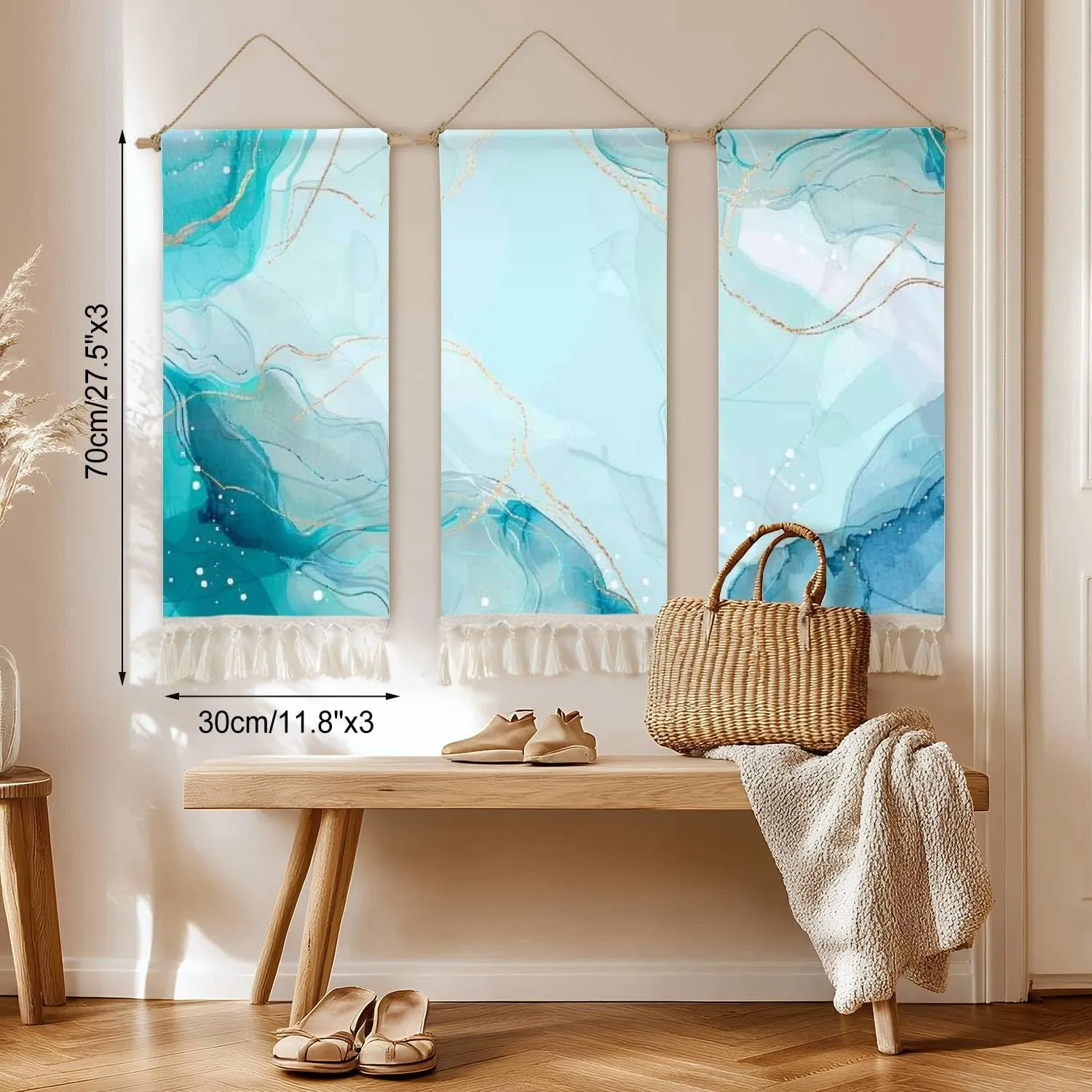 3 Pcs Boho Tapestry Wall Hanging Night sky full stars reflecting surface lake plateau kackar mountains Vertical Wall Art Long Tapestries Wallart Printing Macrame Wall Decor For Dorm Bedroom 12"x28"
