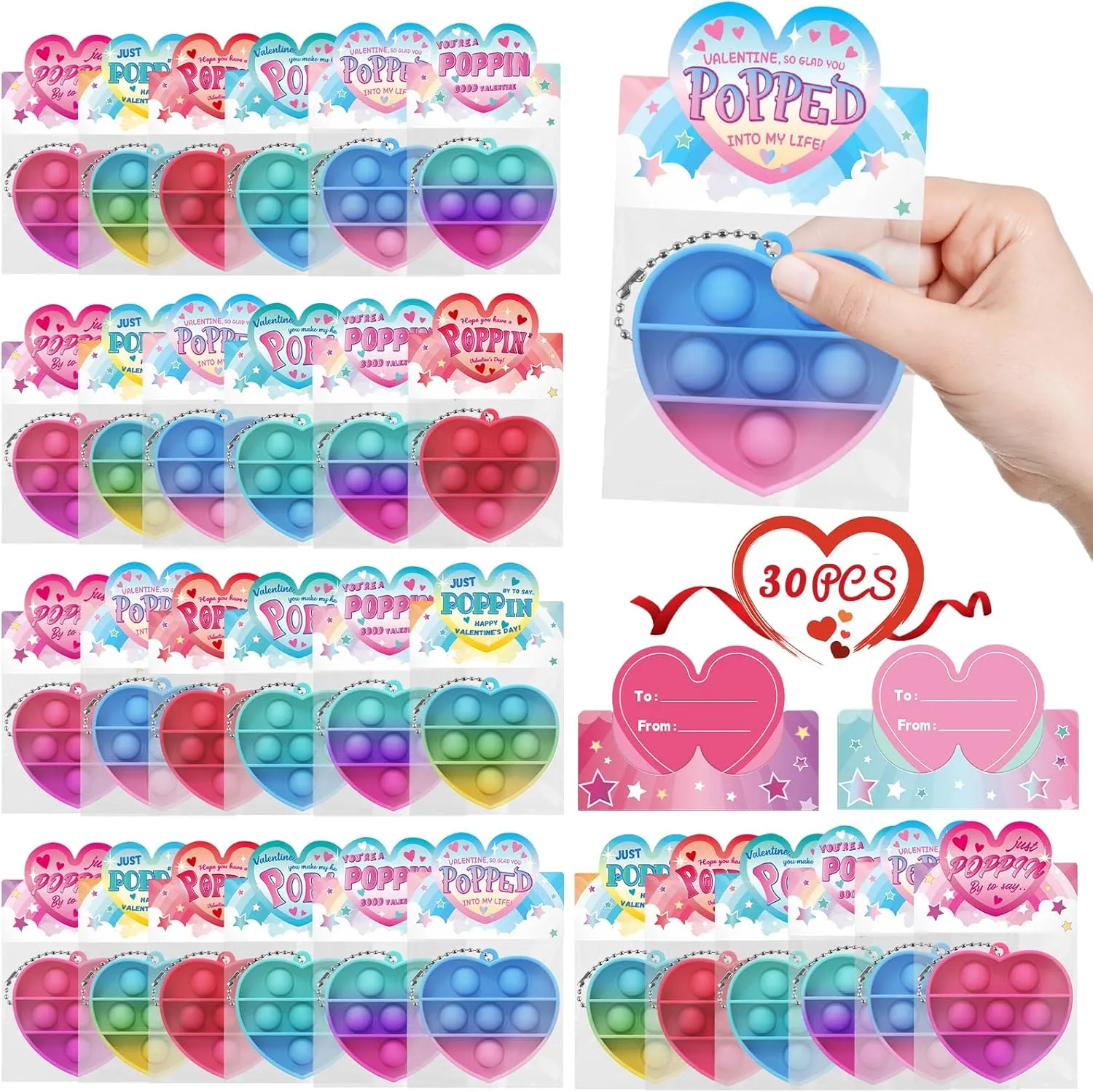 30 Packs Heart Pop Fidget Toys Bulk, Mini Pop Squeeze Toys Stress Relief Fidget Toys for Classroom School Party Favors