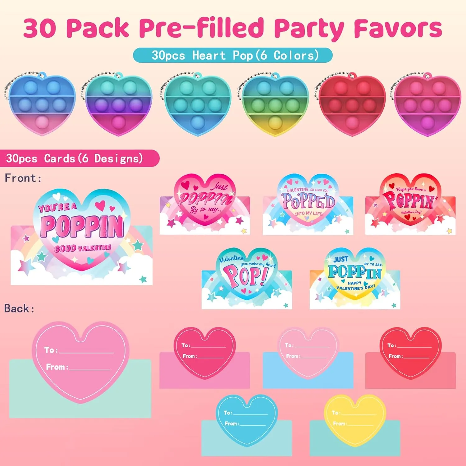 30 Packs Heart Pop Fidget Toys Bulk, Mini Pop Squeeze Toys Stress Relief Fidget Toys for Classroom School Party Favors