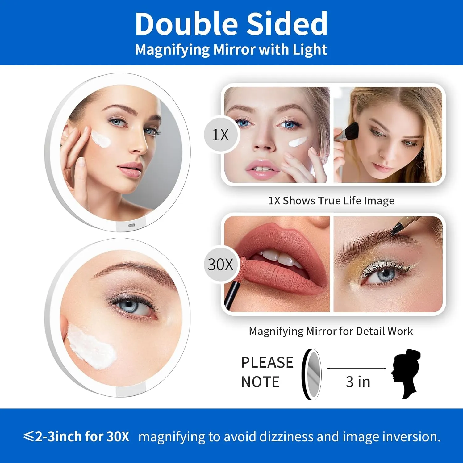 30X/1X Double-Sided Magnifying Mirror with Light, 6-Inch Large Lighted Magnified Travel Mirror, Precision Makeup at 30X & Overall View at 1X, High Magnification, Rechargeable Battery, with Storage Bag