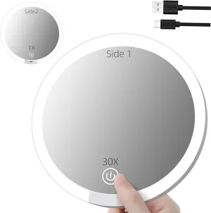 30X/1X Double-Sided Magnifying Mirror with Light, 6-Inch Large Lighted Magnified Travel Mirror, Precision Makeup at 30X & Overall View at 1X, High Magnification, Rechargeable Battery, with Storage Bag