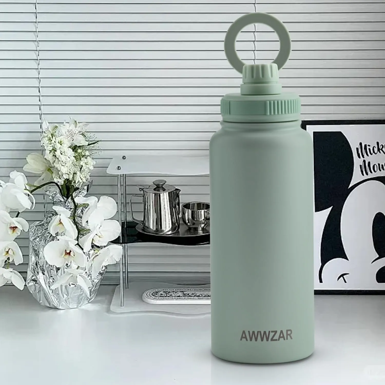 32 OZ Water Bottle With Magnetic Phone Holder, Stainless Steel Double Wall Sport or Gym Water Bottles (DARK BLUE)