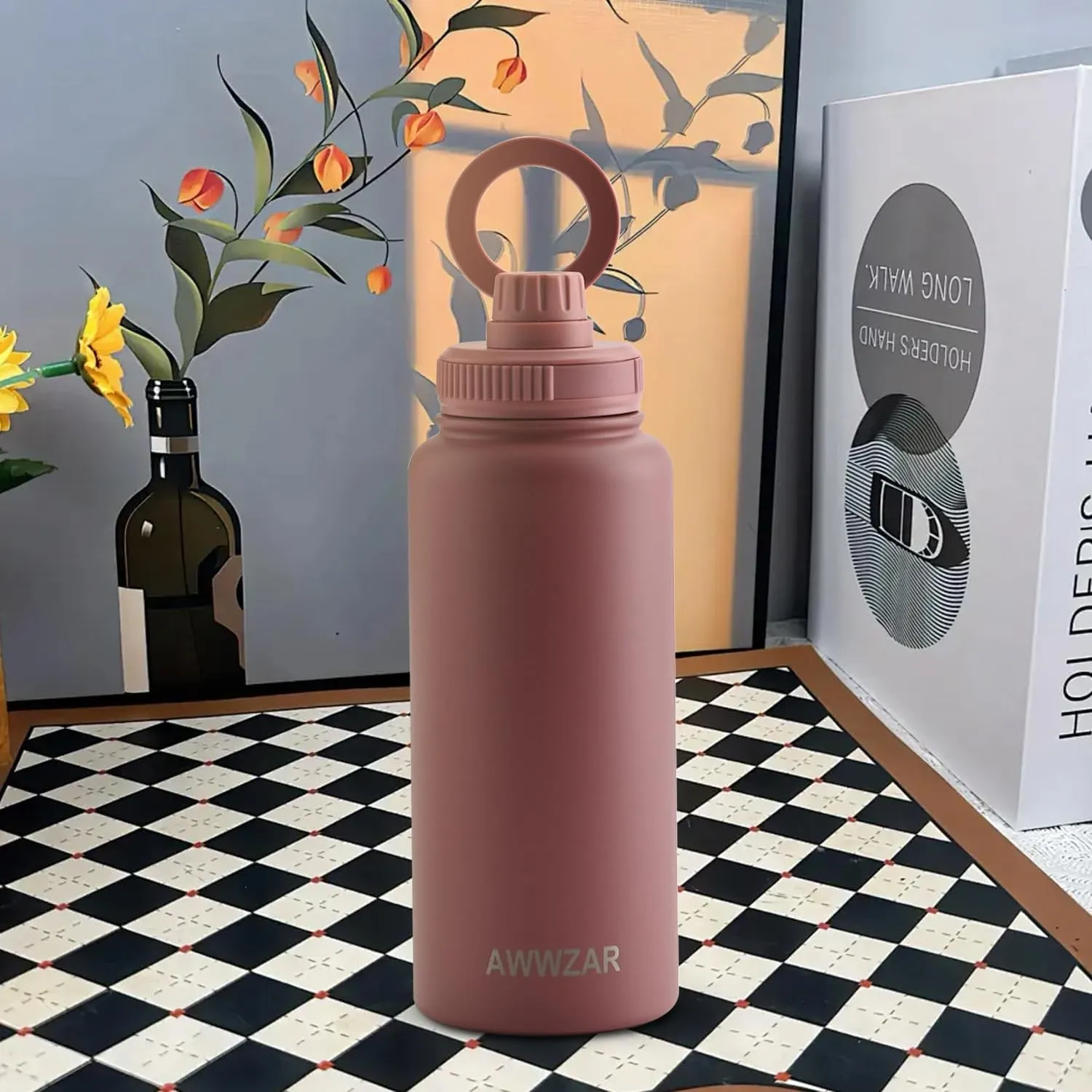 32 OZ Water Bottle With Magnetic Phone Holder, Stainless Steel Double Wall Sport or Gym Water Bottles (DARK BLUE)